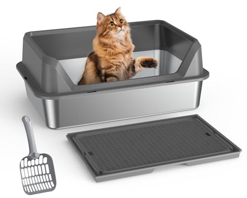 Euakee Lettiera in Acciaio Inox con Coperchio, Lettiera in Metallo Extra Large XL per Gatti Grandi, Design Laterale Alto con Paletta e Pedale, Antiaderente, Anti-perdite, Facile da Pulire (B)