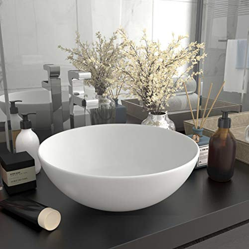 Festnight Lavandino da Bagno, Lavabo Appoggio Design, Lavabo da Appoggio in Ceramica Rotondo Bianco Opaco