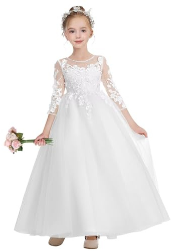 MXODI Girls First Communion Dresses Long Champagne Flower Girls Dress A Line O-Neck Little Girls Wedding Guest Dresses for Birthday Evening Dance Party White Size 12