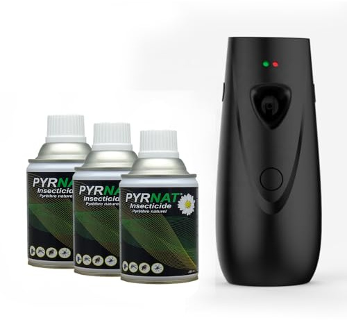 Pyrnat Insecticide 3x250ml au Pyrèthre avec Diffuseur Automatique (Noir) Anti-mouches, Moustiques, Punaise de Lit Efficace contre les insectes volants et rampants.
