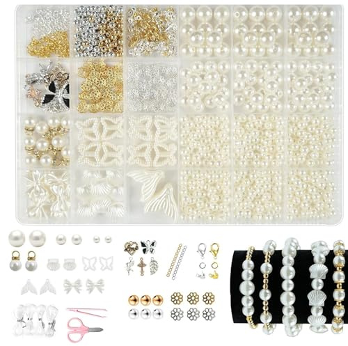 Cosswe Weiße Perlen Set, Armbänder Selber Machen, Perlen zum Auffädeln, Armband Set Selber Machen, Geschenke für Mädchen, Armbänder, Charm Kit, DIY Armband, Schmuckherstellung (DIY Set 2)