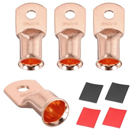 sourcing map 4pcs 4/0 AWG M8 Battery Lugs Ring Terminals, 5/16 8mm Stud Crimp Wire Terminal Connector End Copper, 3:1 Heat Shrink Tubing, Gold