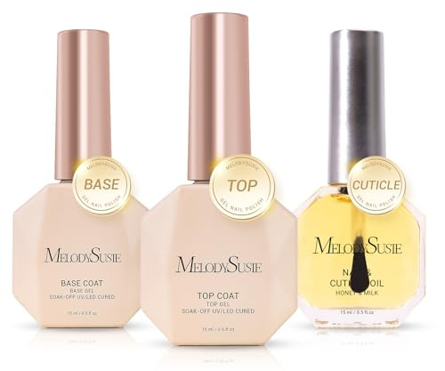 MelodySusie No Wipe Glossy Top Coat Base Coat Cuticle Oil Set Long Lasting Shine Finish Soak Off UV LED Nail Lamp Nail Art Design Manicure Kit Perfect Gifts for Women Girls 3 Pcs 15ml