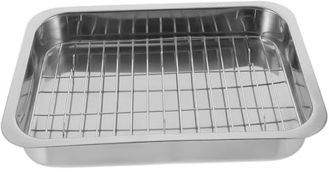 GLEAVI Plaque à Four Rectangulaire avec Grille Facile à Entretenir Utiliser en Acier Inoxydable Set de Argenté pour Barbecue et Pâtisserie