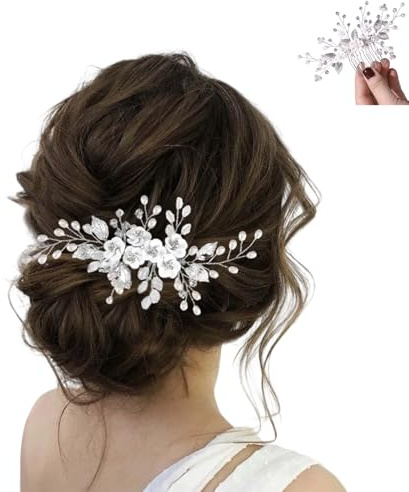 Nevoluxer Pince à Cheveux Mariage - Accessoires pour Cheveux en Argent 925 avec Fleurs et Perles, Bijoux Élégants pour Mariée, Communion, Fêtes (silver)