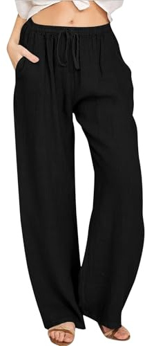 Pantalon de grossesse élastique pour femme - Taille haute - Cordon de serrage - Jambe large - Pantalon de yoga Palazzo - Avec chaîne, Noir , M