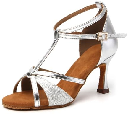 SWDZM Scarpe da Ballo Latino Americano Donna Standard Sala e Bachata Donna Pratica Professionali,Argento,Tacco-7.5CM,EU 38.5