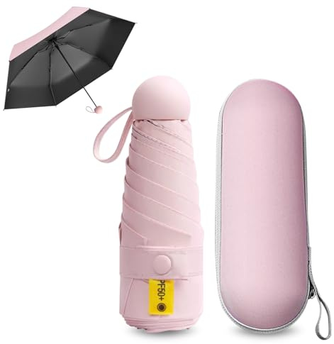 FANSEZQ Sun Umbrella, Mini Travel Umbrella With Case Small Compact Protection Sun Lightweight Tiny Pocket Umbrella (Pink)