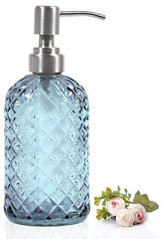 BAOWUABJ Glass Soap Dispenser with Stainless Steel Pump, 400ml, Blue | Refillable Hand Soap Dispenser, Washing Up Liquid Dispenser for Dish Soap, Lotion, Shampoo, Essential Oils, Home Essentials