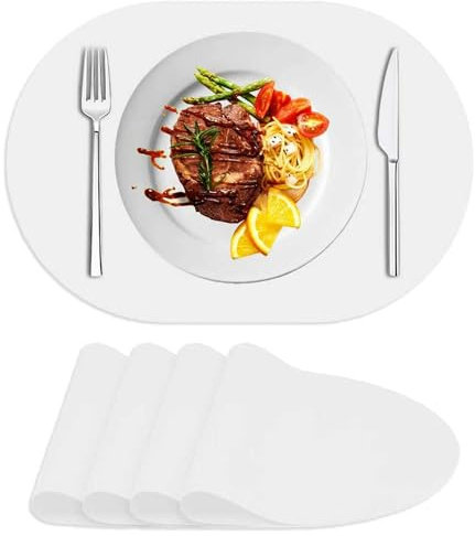 Siliconty Ovale Silikon-Tischsets, Hitzebeständige Platzsets, Silikon-Tischsets, rutschfeste Essmatte Für Zuhause, Wasserdicht, Leicht Zu Reinigen, 43cmx30cmx0.7mm, LSR Lichtdurchlässig (4Pcs,weiß)