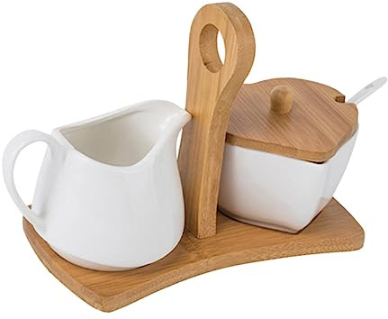 GLEAVI Azucarero de Cerámica Blanco con Tapa y Cuchara, 1 Juego | Bandeja Incluida, Mango de Madera, Apto para Microondas y Frigorífico, Diseño Elegante