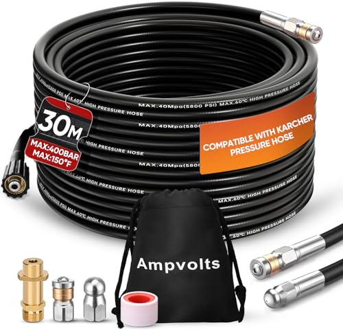 Ampvolts Déboucheur Canalisation Haute Pression 30m – 400 bar / 5800 PSI, compatible avec nettoyeurs Karcher K2–K7, avec adaptateur et 2 buses, nettoyage canalisations