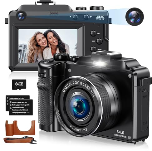 4K 64MP Digital Camera for Beginners Teens – Dual Lens Vlogging Camera with 32GB SD Card, 2 Batteries, Charger & Protective Case, Compact Camera for YouTube and Travel