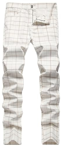 Pantalon skinny extensible à carreaux pour homme - Coupe ajustée - Pantalon chino décontracté à taille moyenne avec poches - Style vintage - Motif à carreaux