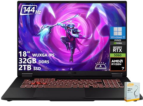 ASUS TUF Gaming A18 Gaming Laptop | 18 WUXGA IPS 144Hz | AMD 8-Core Ryzen 7 260 | 32GB DDR5 2TB SSD | NVIDIA GeForce RTX 5060 (572 AI Tops) | Backlit Keyboard USB 4 Win11 Pro w/DLCA Accessory