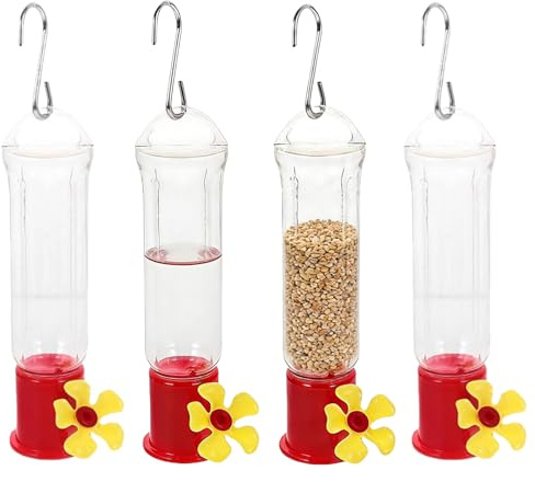 Kolibri-Nektarspender Für Draußen Im Garten - Transparente Vogeltränke Und Wasserstation | 4-TLG. Ameisen- Und Bienensicherer Vogelfutterautomat Mit Edelstahl-Aufhängung | Für Terrasse, Garten, Rasen