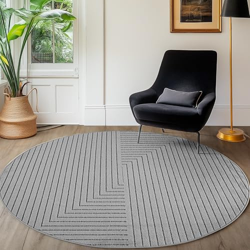 SIMPEX Kortluggsmatta Rund 120 cm Grå, 3D Hög Låg Effekt, Skandinavisk Boho Stil, Balkong Terrassmatta, Inomhus Utomhus Lättskött