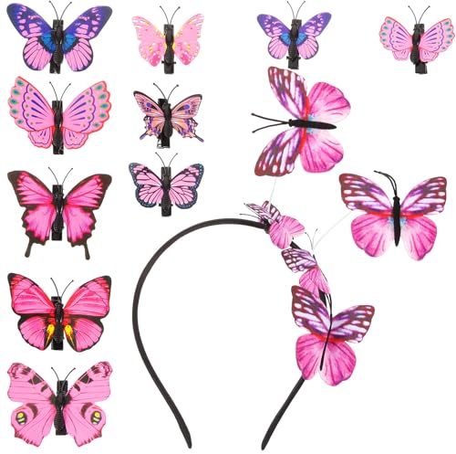 PHENOFICE 11 Stück 3d schmetterlings Haarreif mit Haarspangen Rosa Kopfschmuck aus Stoff und Kunststoff Dekorativ für Party und Kostümzubehör für Mädchen Zufälliger Stil