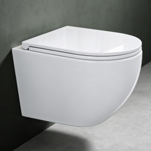 Mai & Mai Wand WC Spülrandlos Hänge WC mit Doppel-Wirbelsystem 36x50x36cm | Soft-Close-Sitz mit Quick-Release für Ihre Toilette, weiße Keramik Toilette mit Tornado Spülsystem, Aachen179 neu