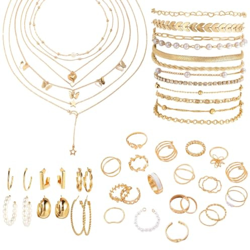 ZXTGBQ 46 Pcs Parure Bijoux Femme, Boucles d'oreilles Créoles, Lot Bracelet Fantaisie or, collier femme or, gourmette femmes, bague, pour Femmes Fille Cadeau Bijoux