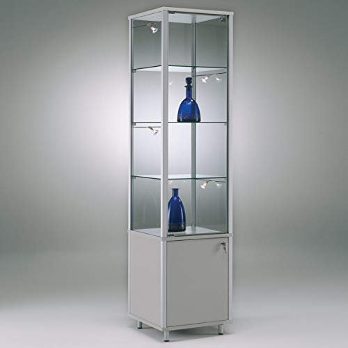 Glasvitrine mit Rollen T 41,5 x B 41,5 x H 183 cm - schmale Ausstellungs-Vitrine mit Unterschrank abschließbar - Glas Vitrinenschrank - LED-Beleuchtung