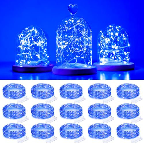 SmilingStore Smilingtown Starry String Lights 15 Pack Fairy Lights, Led Firefly Silver Color Wire Lights 20 Led 7.2Ft Battery Powered Lights For Diy Party Jar Centerpiece Christmas Decorations - Blue