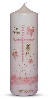 Taufkerze Kommunionkerze 25x8 cm für Mädchen Rosa Blümchen mit schmetterling und Kreuz