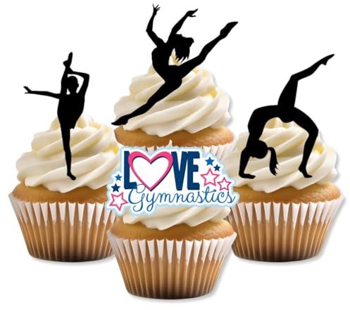 VORGESCHNITTENE Gymnastik-Kuchendekoration, essbare Cupcake-Topper mit schwarzer Silhouette eines Turnermädchens, Black Gymnastics 2 Zoll/5 cm (Packung mit 24)