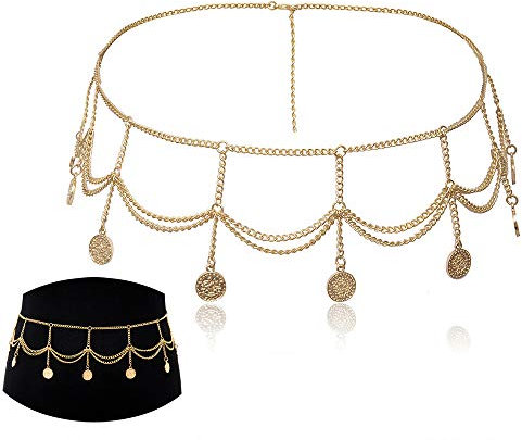 Jurxy Catena in Lega Multistrato Catena del Corpo per Le Donne Cintura a Catena con Ciondolo a Forma di Moneta Imbracatura Regolabile per Abiti Jeans - Oro 0457