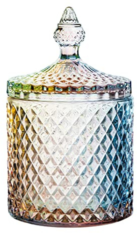 Rainie Love Home Basic Food Storage Organization Set-Rainbow Crystal Diamond Faceted Jar with Crystal Lid,Suitable as A Candy Dish,Cookie Tin,Biscuit Barrel,Decorative Candy Jar-16 OZ-Large
