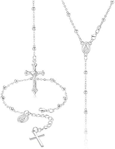 CASSIECA Damen Silberkette 925 Sterling Silber Rosenkranz Halskette Armband Religiöser Schmuck Set Kreuz Kette Maria Madonna Kreuzkette Anhänger Gliederkette Y Kette