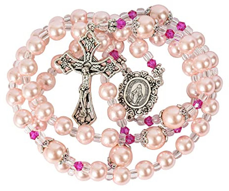 Nazareth Store Pink Pearl Perlen Rosenkranz katholische Halskette mit wundersamen Medaille Kreuz Kruzifix silberfarbenen Rosenkranz in Samt Tasche