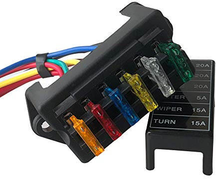 QitinDasen Premium 6 Vie Scatola Portafusibili con Filo, 2 Ingressi 6 Uscite Portafusibili, Scatola Fusibili a Lama Standard Universale, con 10Pcs Fusibile Standard Gratuito (12V/24V/36V/48V)