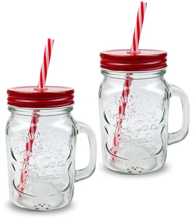 G4GADGET 2 X 500ml Glass Mason Drinking Jars Bottles Party Drink Glasses + Lids and Straws