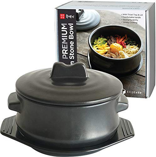 ElinCube Premium Korean Stone Bowl with Lid & Platter, Clay Pot for Cooking Hot Pot Dolsot Bibimbap and Soup Cookware