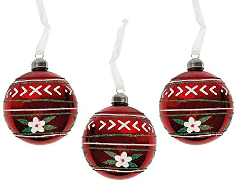 zeitzone Weihnachtskugeln Rot mit Blume Glas 3 Stück Christbaumkugeln Landhausstil 8 cm