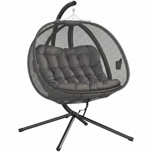 Outsunny Double Hanging Egg Chair 2 Seaters with Stand and Cushion Grey
