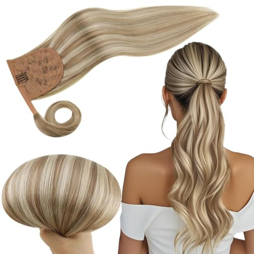 RUNATURE Pferdeschwanz Haarteil Braun Highlight Blond 30cm 70g #8P60 | Remy Pferdeschwanz–hitzebeständig, nahtlose Clips, atmungsaktiv. Kein Haarausfall, natürliche Highlights, sofort Volumen.