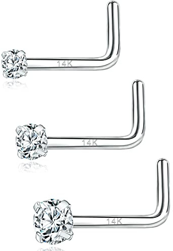 PunkTracker 20g 14K Echtgold Nasenringe CZ Simulated Diamond Nose Studs Hypoallergen Nostril Nose Piercing Schmuck für Damen Herren