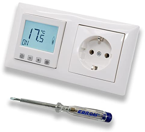 Halmburger Raumthermostat Raumtemperaturregler ERD-55rg DIGITAL in Busch Jäger Balance Si alpinweiß Rahmen + Steckdose 20EUC-914 + EBROM Phasenprüfer zur Montage der Geräte ERD-55 (rg) Fußbodenheizung