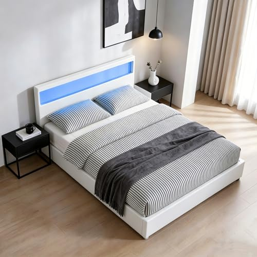 Senvoziii LED Bed Frame Ottoman Gas Lift Up Bed 5ft King Size,White | Faux Leather Storage Bed Frame for Adults, Teenagers (No Mattress)