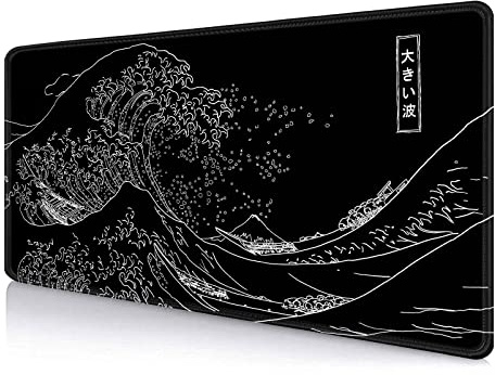 IMAYONDIA Japanisches Great Wave großes Mauspad (89.9x39.9 cm), schwarzes Gaming-Mauspad Anime XXL, rutschfeste Gummiunterseite, lange Computer-Mausunterlage
