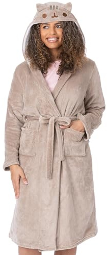 Pusheen Die Katze Morgenmantel Damen | Damen Neuheit Braune Nachtwäsche Robe | Cartoon Katze mit 3D Ohren Charakter Bademantel | Pusheen Merchandise Geschenke