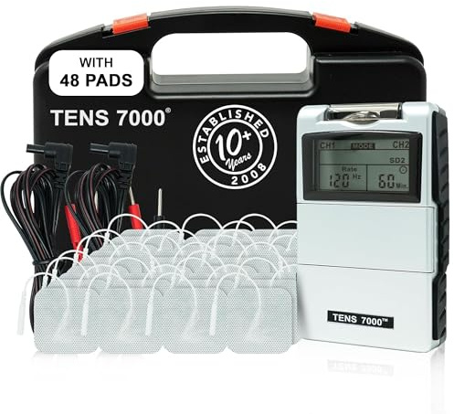 TENS 7000 Unidad Digital TENS Con Accesorios Y 48 Almohadillas De Electrodos - Estimulador Muscular Para Aliviar El Dolor Espalda, Alivio General Del Dolor, Cuello