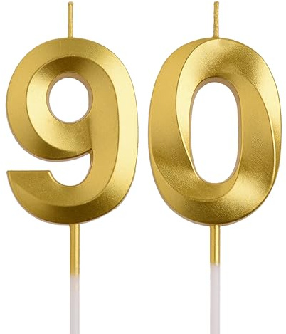 AOOLADA 90th Birthday Candles, Gold 90 Year Old Number Birthday Candles, Number 90 Candles for Men Women, Happy Birthday Party Decorations Cake Topper Gifts for Wedding Anniversary Celebration