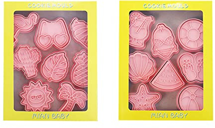 Juego de 16 moldes de galletas de verano de dibujos animados, moldes de galletas, sellos de plástico, herramientas de decoración de galletas, juego de cortadores de galletas para hornear galletas para