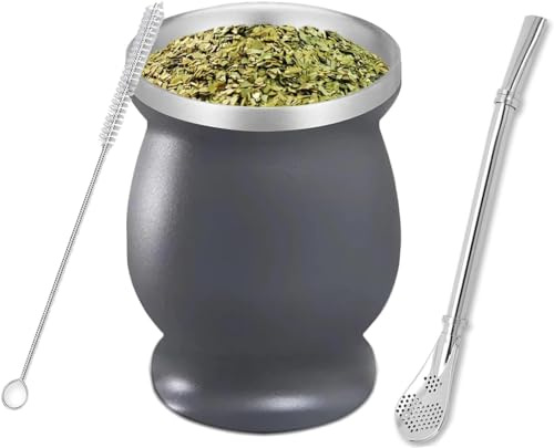 Ruikcoll Taza de té mate de doble pared de , Vaso Yerba mate de acero inoxidable con pajita de acero inoxidable y cepillo de limpieza , para café,mate, té de frutas(gris)