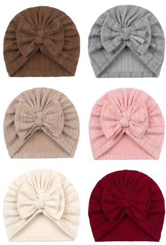 6 stycken babymössor, söt veteöronsmössa, baby turban mössa, baby mössa med rosett, mjuk elastisk babymössa (6 färger), beige, grå, ljusbrun, brun, rosa, röd, one size