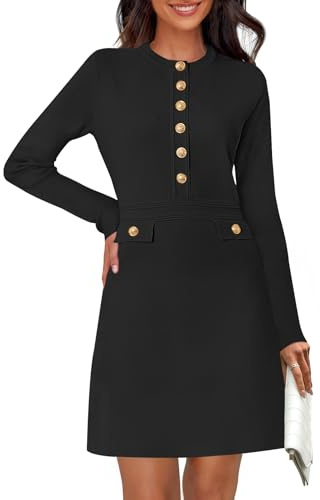 MEROKEETY Women's Fall 2025 Long Sleeve Bodycon Sweater Dress Button Crew Neck Winter Formal Mini Dresses, Black, Medium