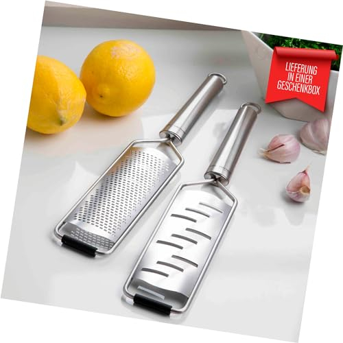 Steel-Function Rallador de cocina de acero inoxidable, 2 unidades, rallador de acero inoxidable con mango ergonómico, juego multifuncional como rallador parmesano, rallador de queso, rallador de